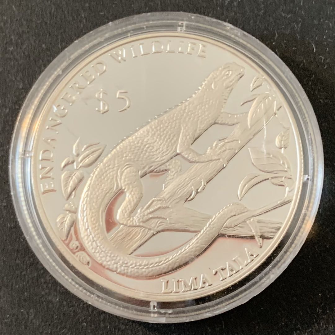 紫瑗钱币—微拍第36期  托克劳 1993年 保护动物系列 绿蜥蜴 5元 31.47克 0.925银 精制