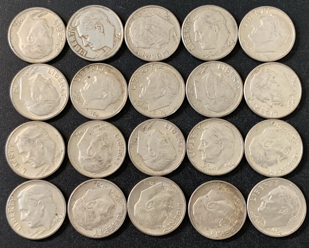 紫瑗钱币—微拍第36期  美国 1946—1964年 罗斯福 10美分 银币 20枚一组 共50克 0.9银