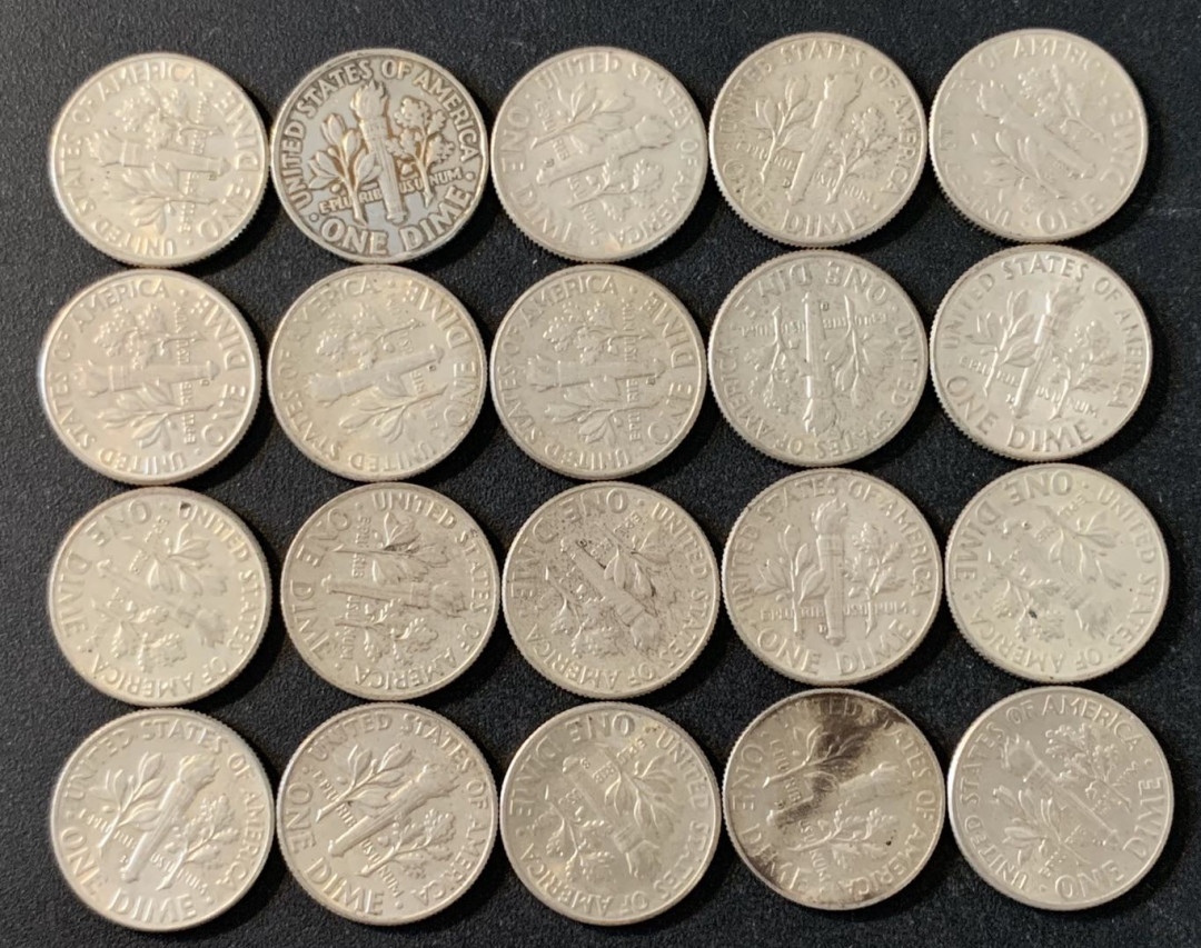 紫瑗钱币—微拍第36期  美国 1946—1964年 罗斯福 10美分 银币 20枚一组 共50克 0.9银