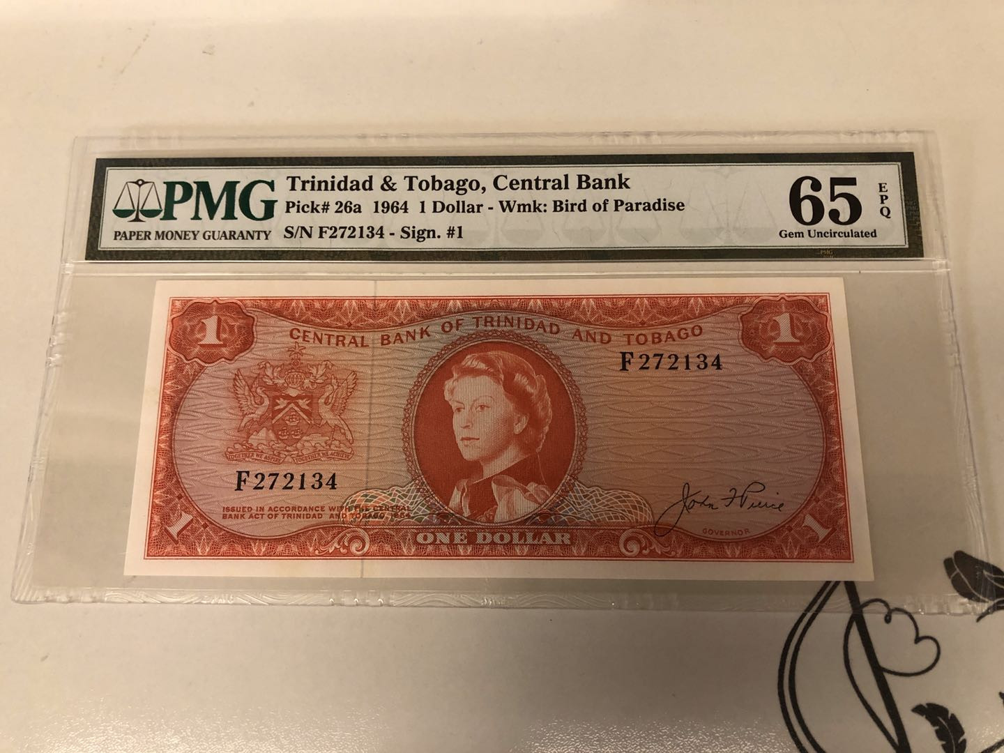 【收藏联盟】第128期拍卖——北爱遗珍（共50拍） 特立尼达和多巴哥 1964年1元 PMG65EPQ 女王纸币