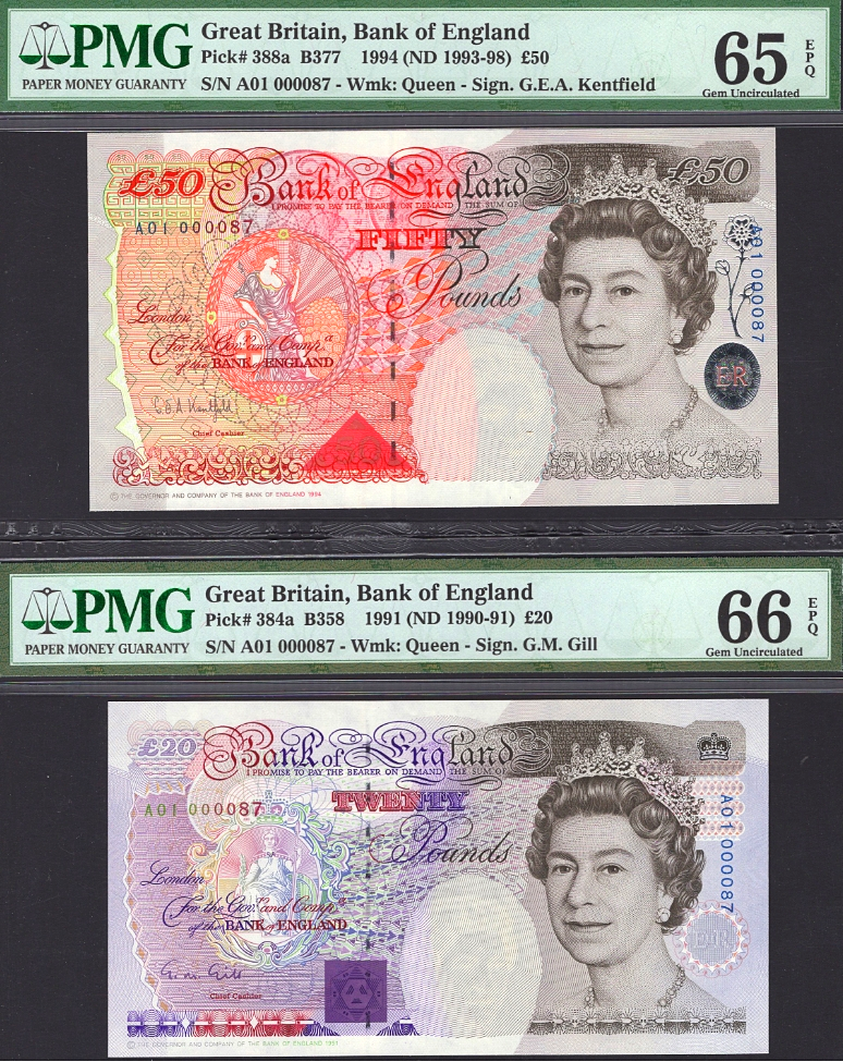 【收藏联盟】第128期拍卖——北爱遗珍（共50拍） 【A01首发全同87小号】 英国 E序列初版 皇冠版 5-10-20-50镑PMG65EPQ-66EPQ-67EPQ 