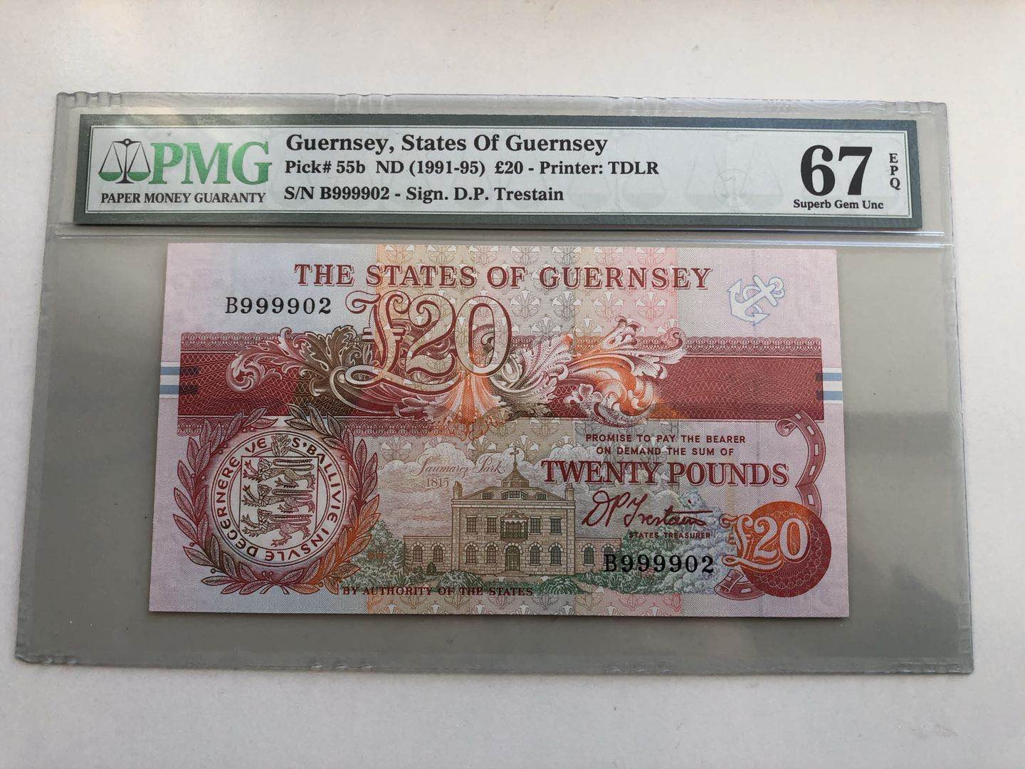 【收藏联盟】第128期拍卖——北爱遗珍（共50拍） 【9999狮子头极大号码】根西 1991-95年 20镑 PMG67EPQ 高分