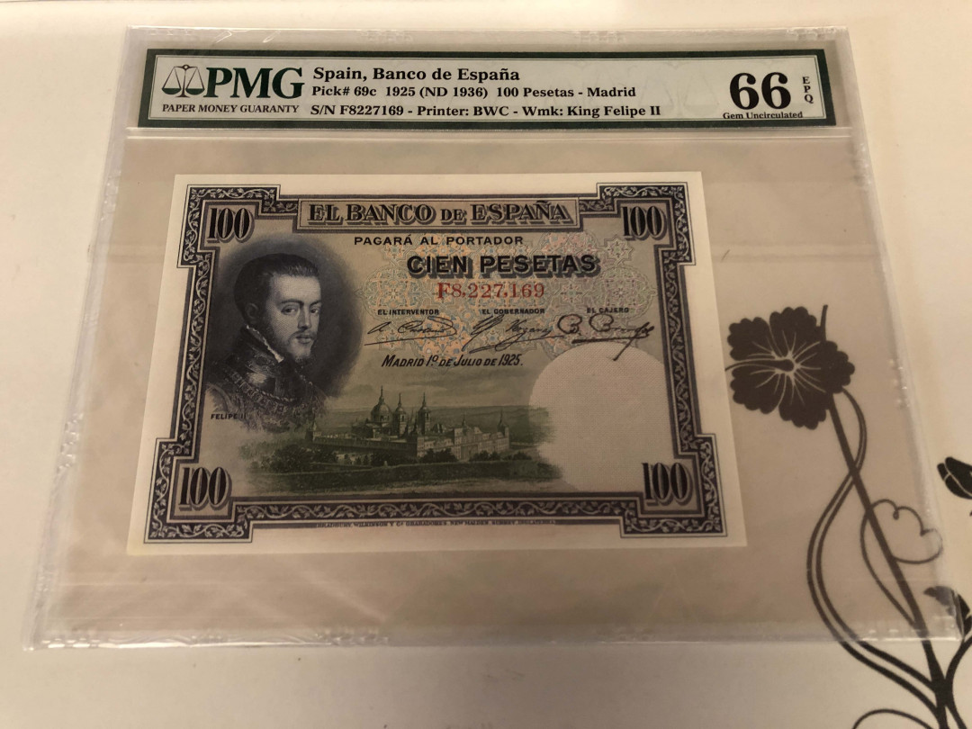 【收藏联盟】第128期拍卖——北爱遗珍（共50拍） 西班牙 1925年 100比塞塔 PMG66EPQ  BWC出品 