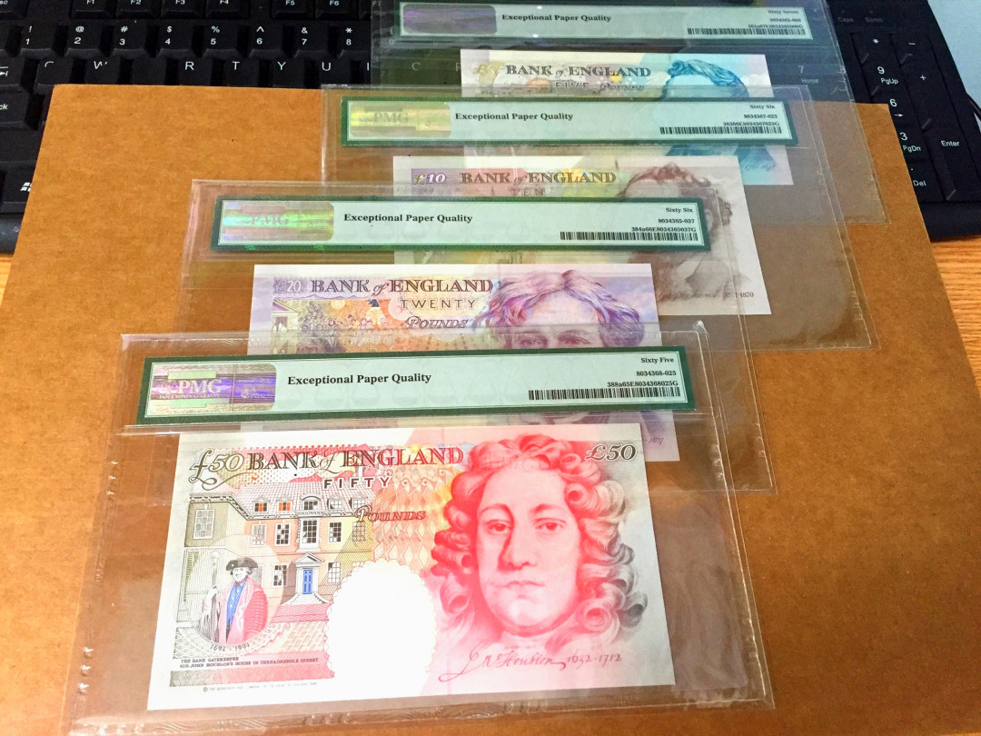 【收藏联盟】第128期拍卖——北爱遗珍（共50拍） 【A01首发全同87小号】 英国 E序列初版 皇冠版 5-10-20-50镑PMG65EPQ-66EPQ-67EPQ 