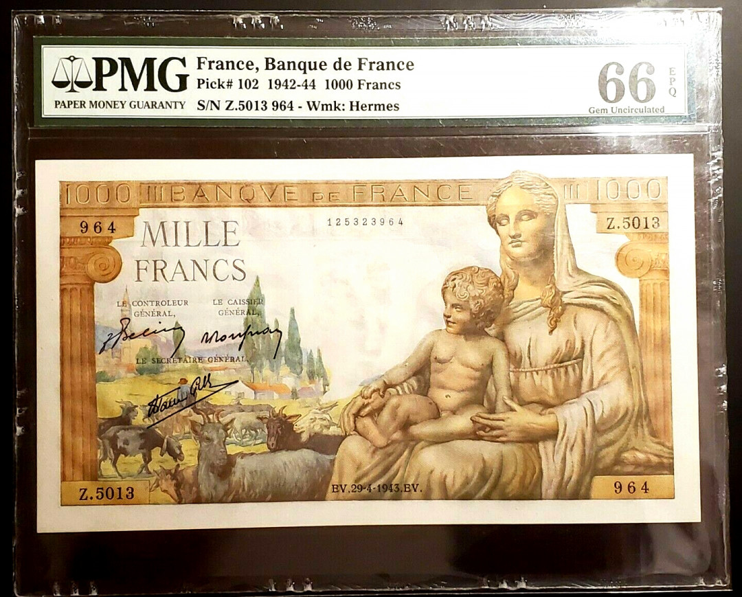 【收藏联盟】第128期拍卖——北爱遗珍（共50拍） 法国 1940-42年 1000法郎PMG66EPQ 超大票幅经典