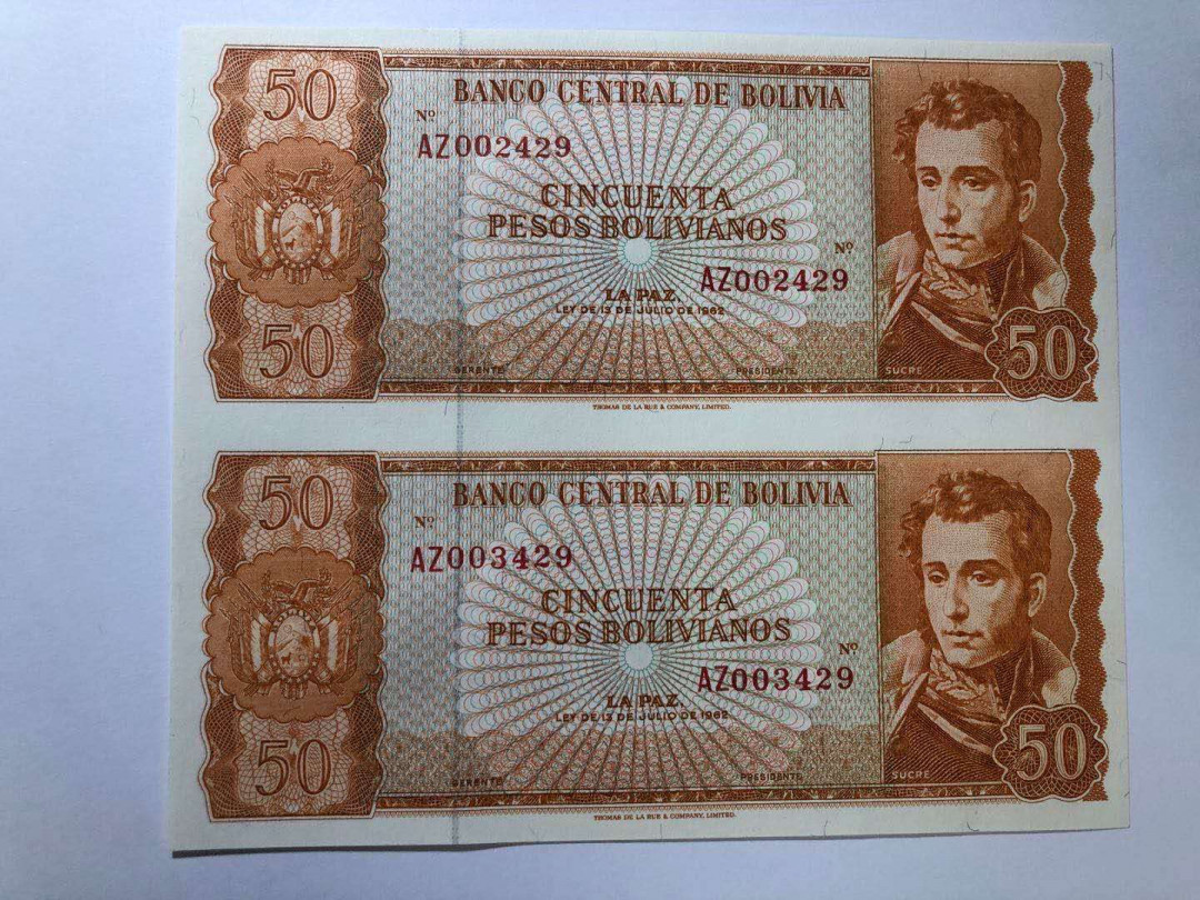 【鲸贝乐淘】千字文·第“四大五常”号拍卖 【玻利瓦尔】玻利维亚 50比索 两联体钞 外国钱币收藏  UNC保真   