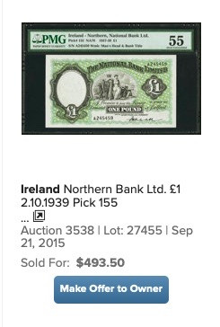 【收藏联盟】第128期拍卖——北爱遗珍（共50拍） 北爱尔兰 1937-39年 1镑 PMG64EPQ 耐看 精美 非常稀少 