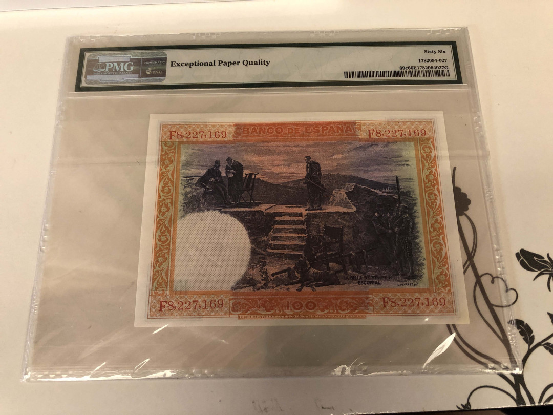 【收藏联盟】第128期拍卖——北爱遗珍（共50拍） 西班牙 1925年 100比塞塔 PMG66EPQ  BWC出品 