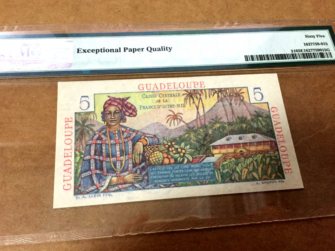 【收藏联盟】第128期拍卖——北爱遗珍（共50拍） 法属瓜德罗普 1947-49年 5法郎 PMG65EPQ 绝品 色彩艳丽 稀少