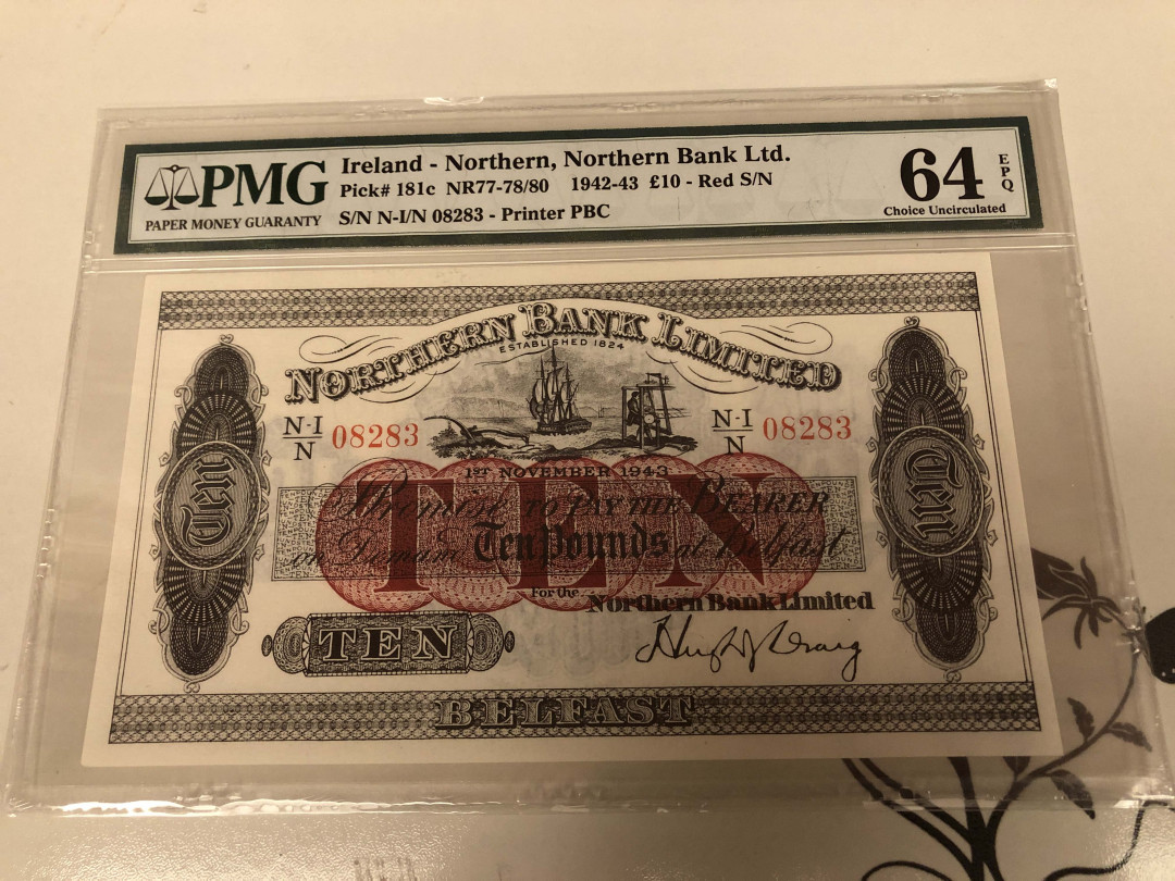 【收藏联盟】第128期拍卖——北爱遗珍（共50拍） 北爱尔兰 1942-43年 10镑 PMG64EPQ
