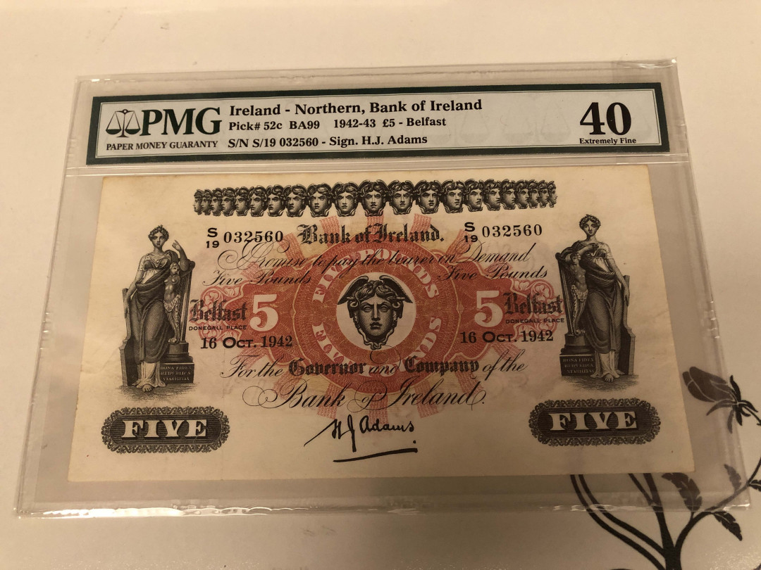 【收藏联盟】第128期拍卖——北爱遗珍（共50拍） 北爱尔兰 1942-43年 5镑 PMG40