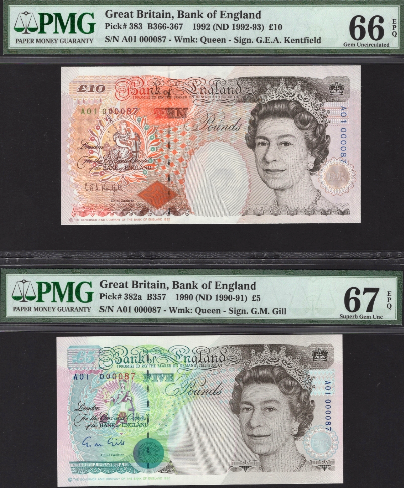 【收藏联盟】第128期拍卖——北爱遗珍（共50拍） 【A01首发全同87小号】 英国 E序列初版 皇冠版 5-10-20-50镑PMG65EPQ-66EPQ-67EPQ 