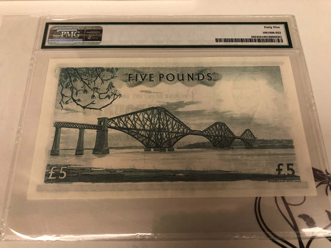 【收藏联盟】第128期拍卖——北爱遗珍（共50拍） 苏格兰 1957年 5镑 PMG45 大票幅 