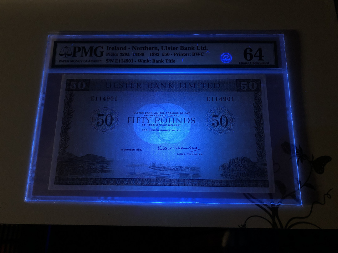 【收藏联盟】第128期拍卖——北爱遗珍（共50拍） 北爱尔兰 1982年 50镑 PMG64 BWC出品 大票幅