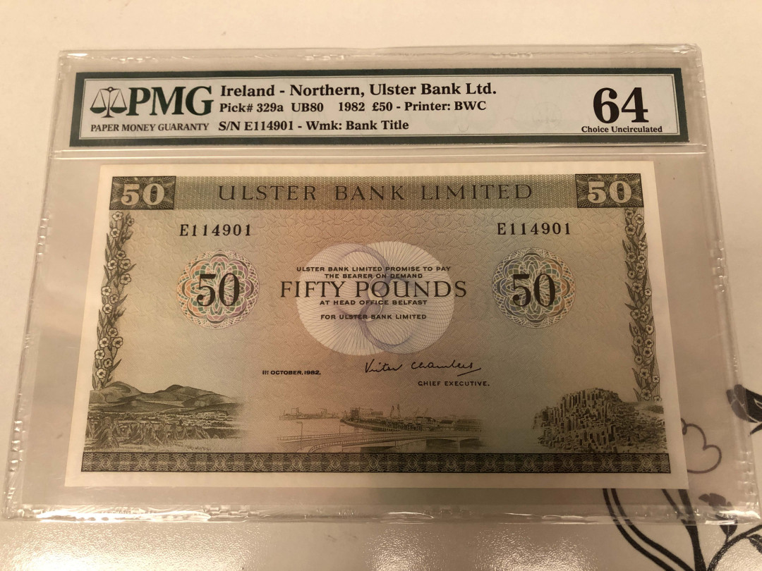 【收藏联盟】第128期拍卖——北爱遗珍（共50拍） 北爱尔兰 1982年 50镑 PMG64 BWC出品 大票幅