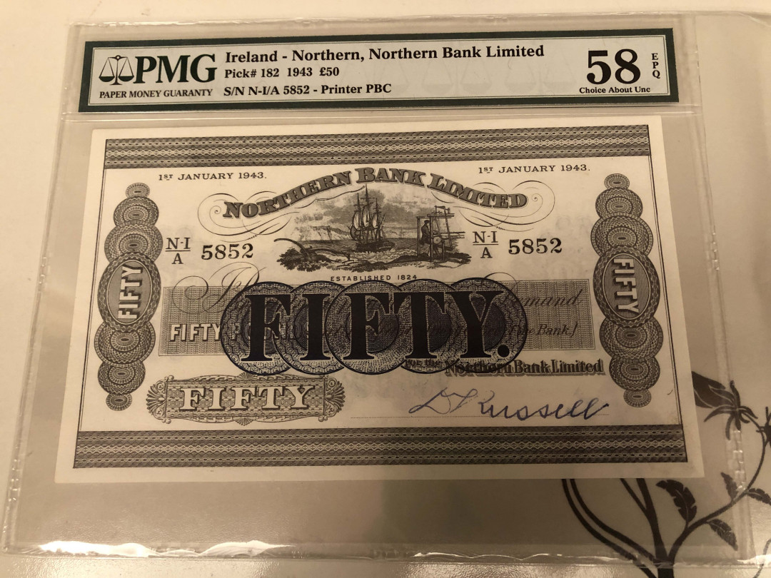 【收藏联盟】第128期拍卖——北爱遗珍（共50拍） 北爱尔兰 1943年 50镑 PMG58EPQ