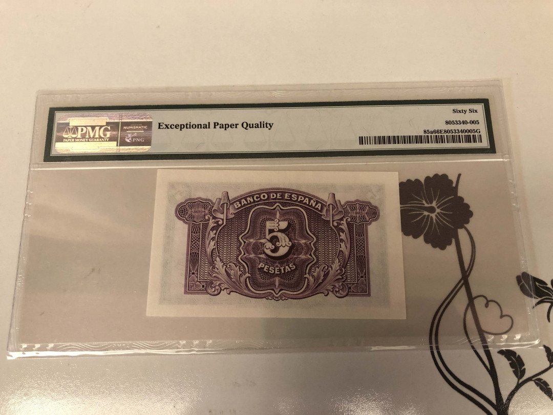【收藏联盟】第128期拍卖——北爱遗珍（共50拍） 西班牙 1935年 5比塞塔 PMG66EPQ  BWC出品
