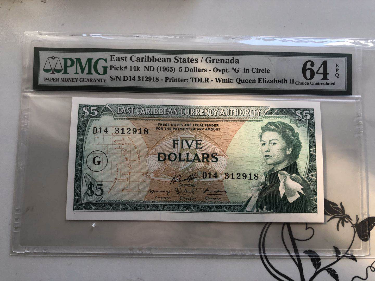 【收藏联盟】第128期拍卖——北爱遗珍（共50拍） 东加勒比 1965年5元 PMG64EPQ 戎装女王