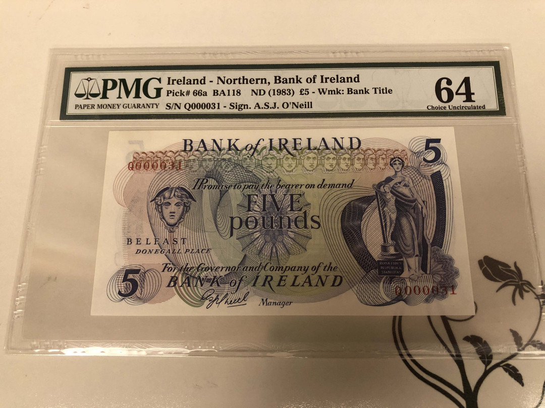 【收藏联盟】第128期拍卖——北爱遗珍（共50拍） 【31号小号】北爱尔兰 1983年 5镑 PMG64