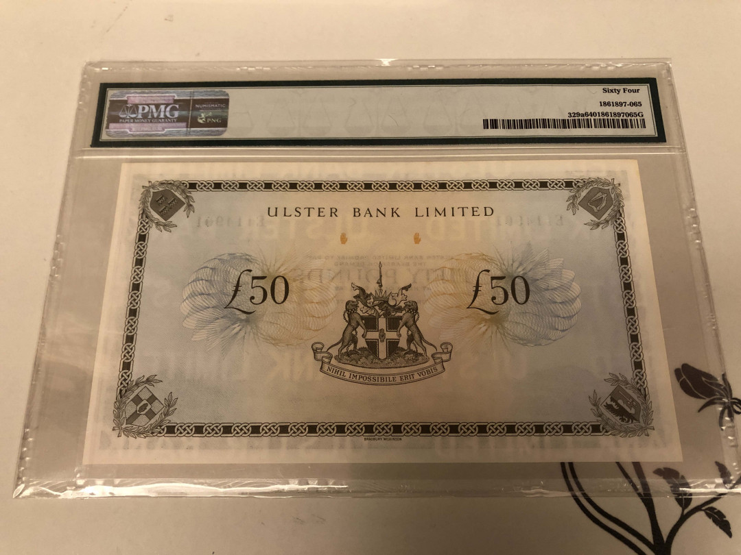 【收藏联盟】第128期拍卖——北爱遗珍（共50拍） 北爱尔兰 1982年 50镑 PMG64 BWC出品 大票幅