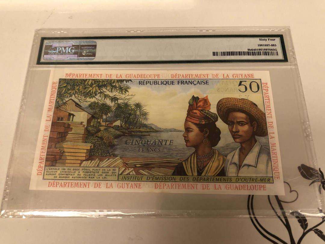【收藏联盟】第128期拍卖——北爱遗珍（共50拍） 法属安德列斯 1964年 50法郎 PMG64 UNC品相 非常漂亮 较稀少