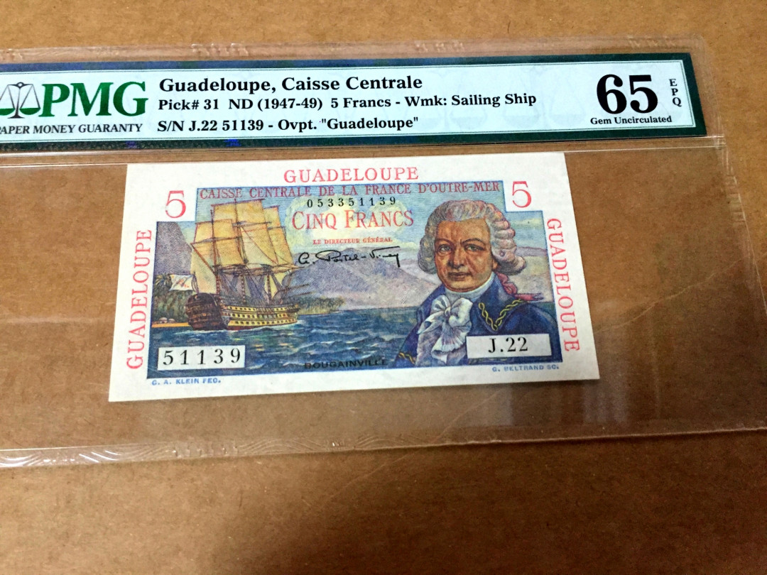 【收藏联盟】第128期拍卖——北爱遗珍（共50拍） 法属瓜德罗普 1947-49年 5法郎 PMG65EPQ 绝品 色彩艳丽 稀少