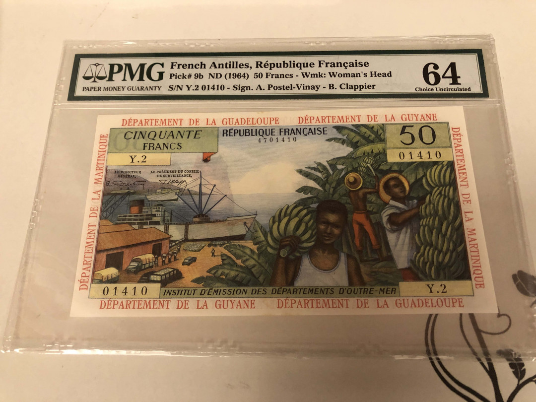 【收藏联盟】第128期拍卖——北爱遗珍（共50拍） 法属安德列斯 1964年 50法郎 PMG64 UNC品相 非常漂亮 较稀少