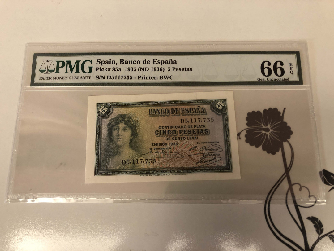 【收藏联盟】第128期拍卖——北爱遗珍（共50拍） 西班牙 1935年 5比塞塔 PMG66EPQ  BWC出品