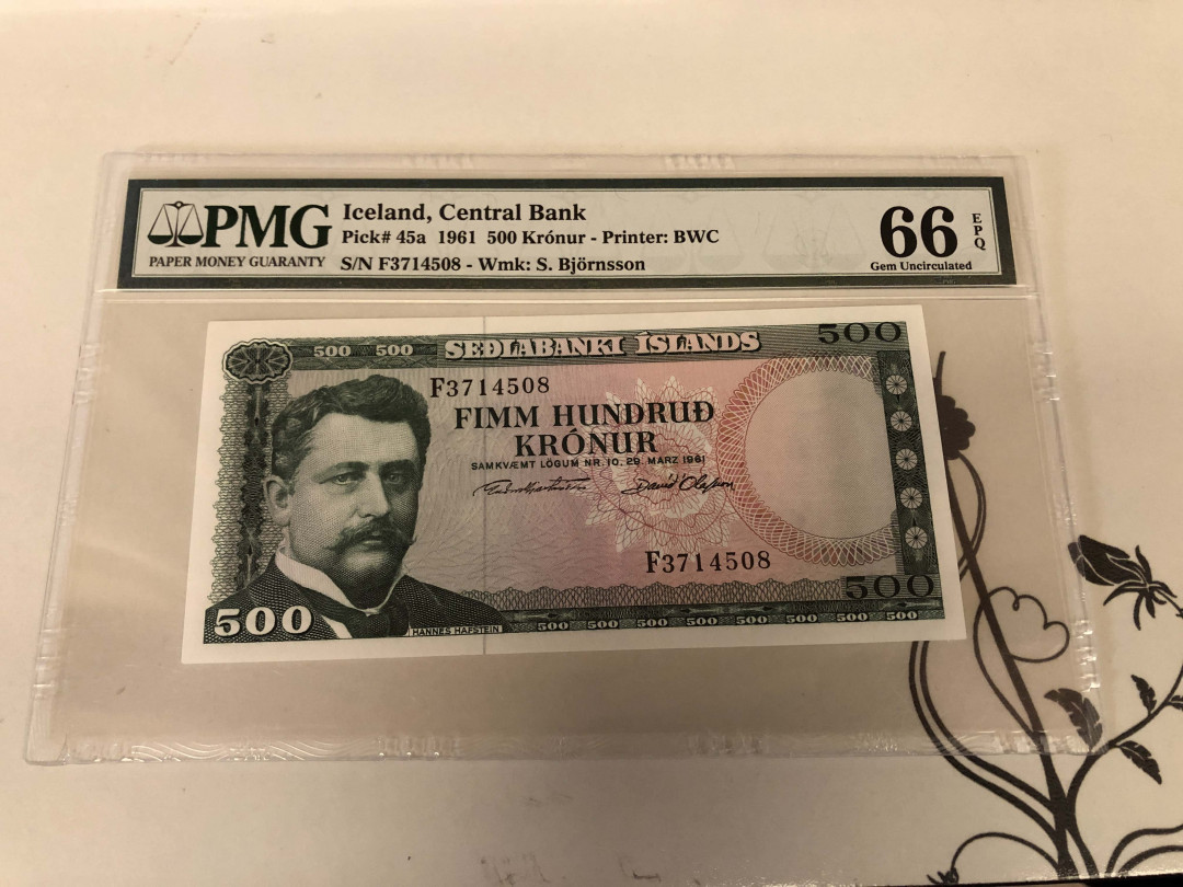 【收藏联盟】第128期拍卖——北爱遗珍（共50拍） 冰岛 1961年500克朗 BWC印刷 PMG66EPQ