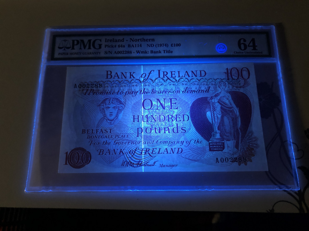 【收藏联盟】第128期拍卖——北爱遗珍（共50拍） 北爱尔兰 1974年 100镑 PMG64 最高值 极稀少64a首版 PMG记录中唯一被评级冠军