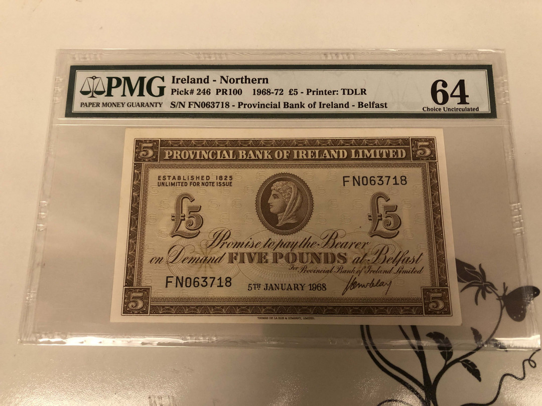 【收藏联盟】第128期拍卖——北爱遗珍（共50拍） 北爱尔兰 1968-72年 5镑 PMG64