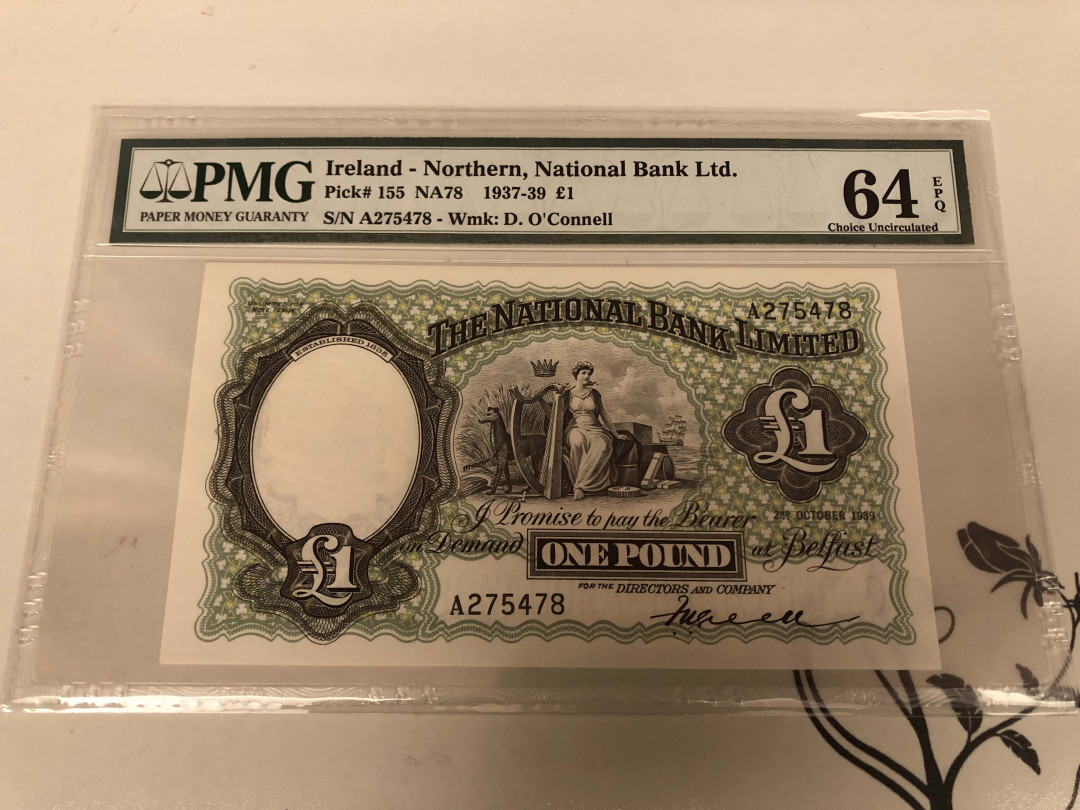【收藏联盟】第128期拍卖——北爱遗珍（共50拍） 北爱尔兰 1937-39年 1镑 PMG64EPQ 耐看 精美 非常稀少 