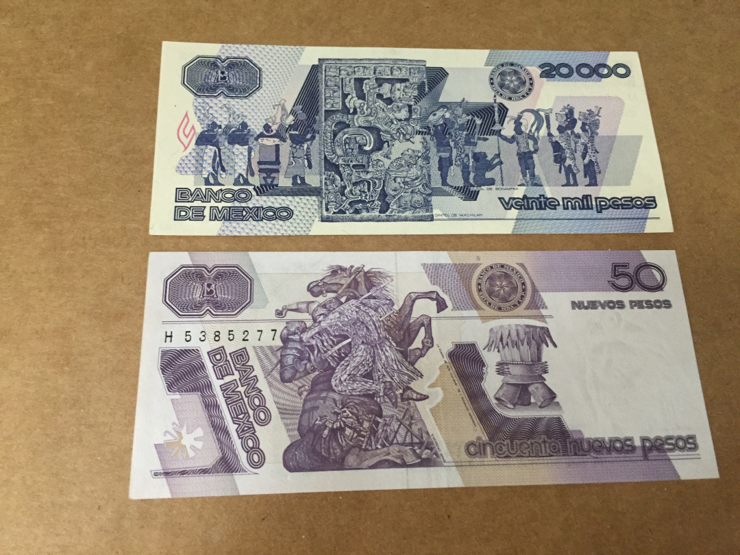 【收藏联盟】第128期拍卖——北爱遗珍（共50拍） 【一组2张】 墨西哥1992年50比索 早期稀少版 印第安人 UNC& 1984年 20000比索 UNC-