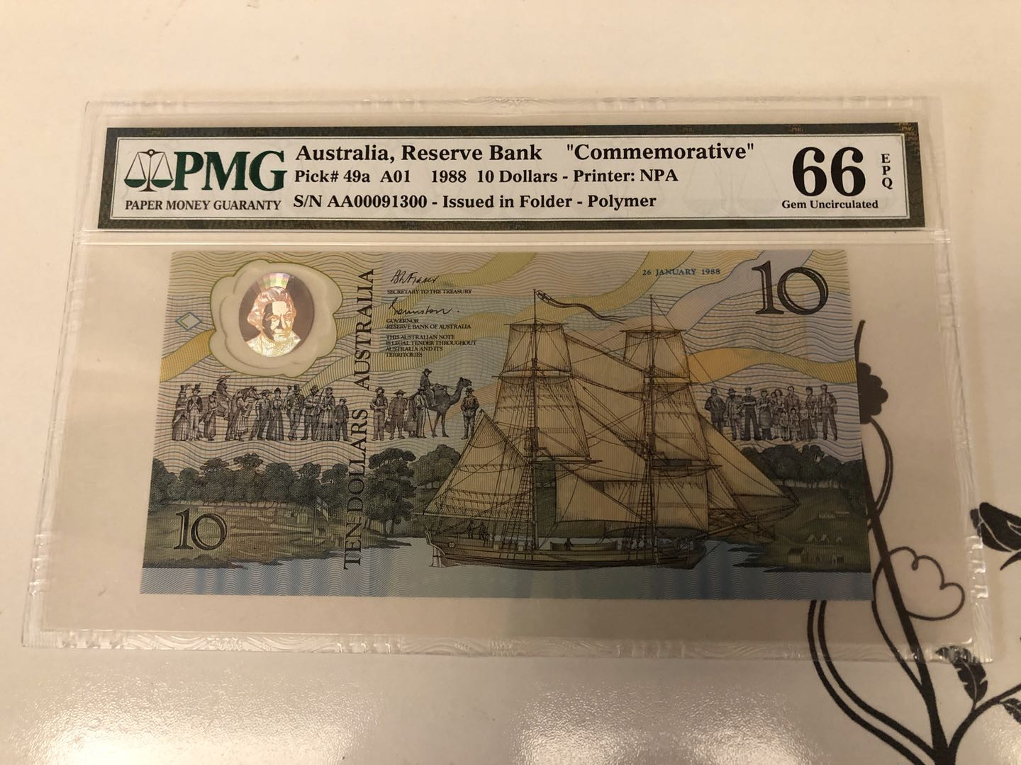 【收藏联盟】第128期拍卖——北爱遗珍（共50拍） 澳大利亚1988年10元塑料钞 大帆船 移民200周年纪念钞 PMG66EPQ  AA000冠万位小号