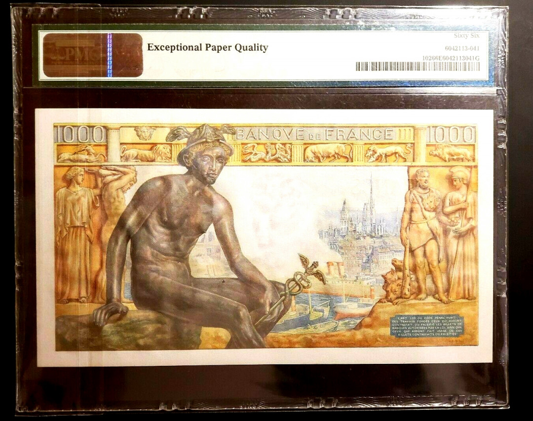 【收藏联盟】第128期拍卖——北爱遗珍（共50拍） 法国 1940-42年 1000法郎PMG66EPQ 超大票幅经典