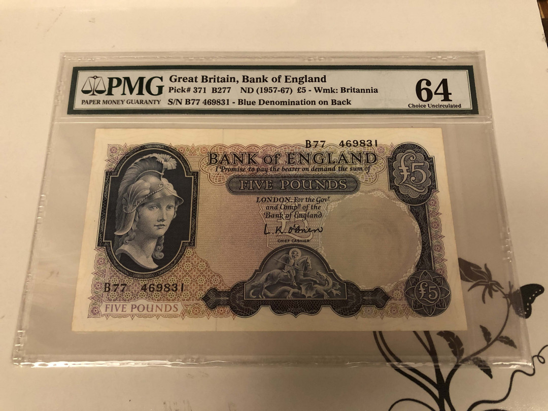 【收藏联盟】第128期拍卖——北爱遗珍（共50拍） 英国 B序列 5镑 p371 圣乔治屠龙 PMG64