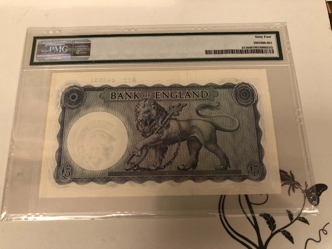 【收藏联盟】第128期拍卖——北爱遗珍（共50拍） 英国 B序列 5镑 p371 圣乔治屠龙 PMG64