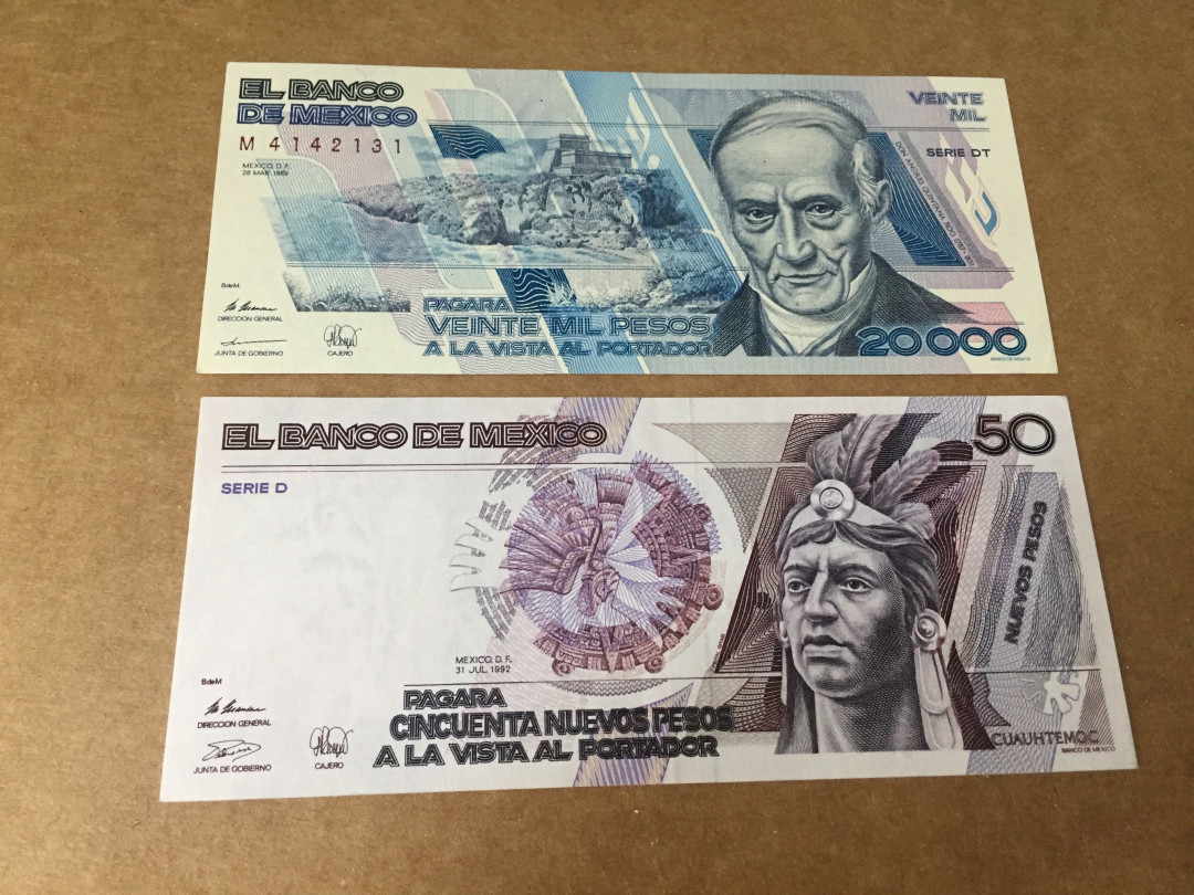 【收藏联盟】第128期拍卖——北爱遗珍（共50拍） 【一组2张】 墨西哥1992年50比索 早期稀少版 印第安人 UNC& 1984年 20000比索 UNC-