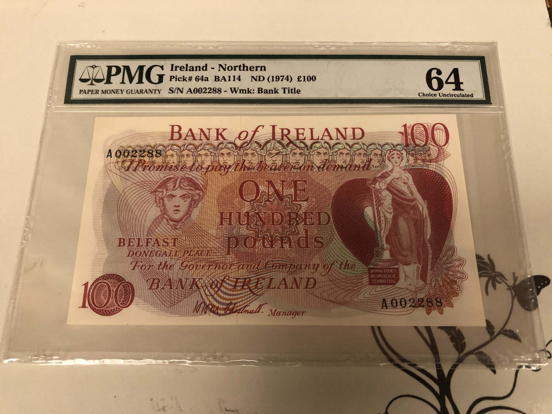 【收藏联盟】第128期拍卖——北爱遗珍（共50拍） 北爱尔兰 1974年 100镑 PMG64 最高值 极稀少64a首版 PMG记录中唯一被评级冠军