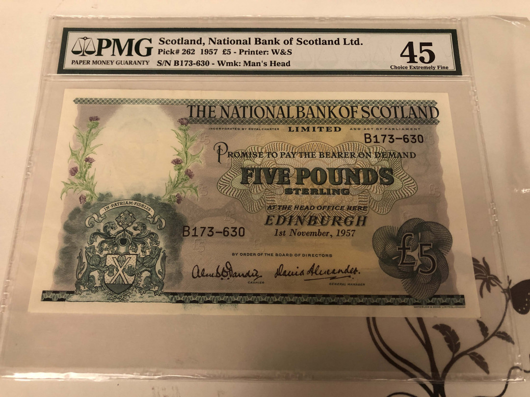 【收藏联盟】第128期拍卖——北爱遗珍（共50拍） 苏格兰 1957年 5镑 PMG45 大票幅 