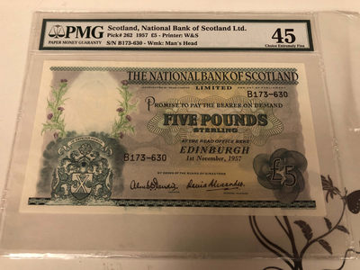 【收藏联盟】第128期拍卖——北爱遗珍（共50拍） - 苏格兰 1957年 5镑 PMG45 大票幅 