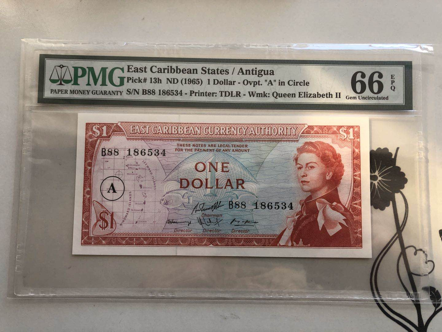 【收藏联盟】第128期拍卖——北爱遗珍（共50拍） 东加勒比 1965年1元 PMG66EPQ 戎装女王