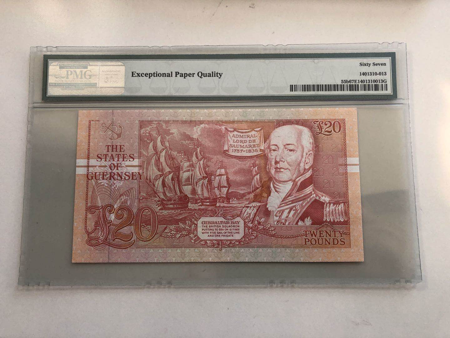 【收藏联盟】第128期拍卖——北爱遗珍（共50拍） 【9999狮子头极大号码】根西 1991-95年 20镑 PMG67EPQ 高分