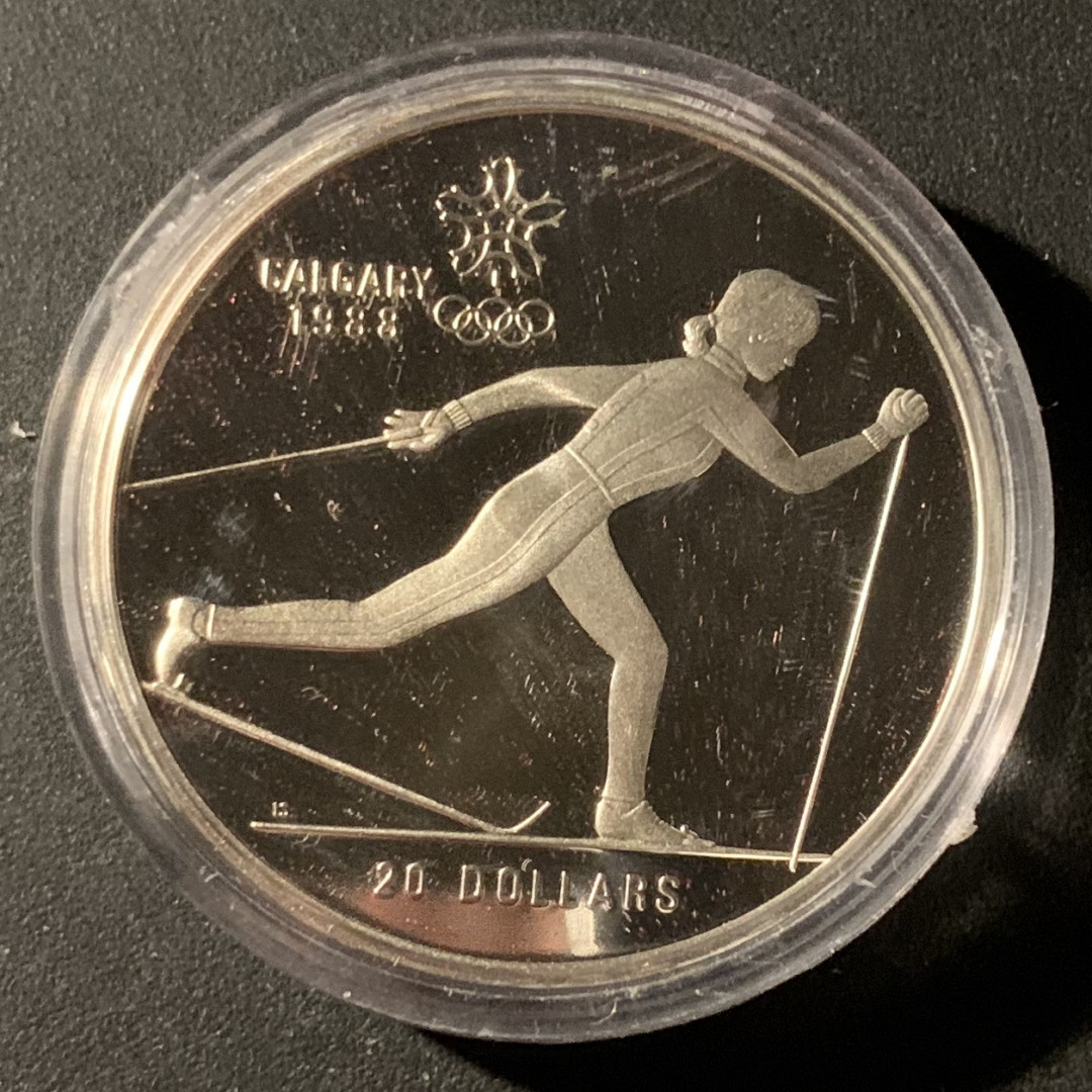 紫瑗钱币—微拍第37期  加拿大 1986年 卡尔加里冬奥会 越野滑雪 20元  34.1克 0.925银 精制