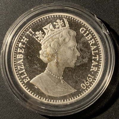 紫瑗钱币—微拍第37期  - 直布罗陀 1990年 世界杯 带球 1克朗 28.28克 0.925银 精制