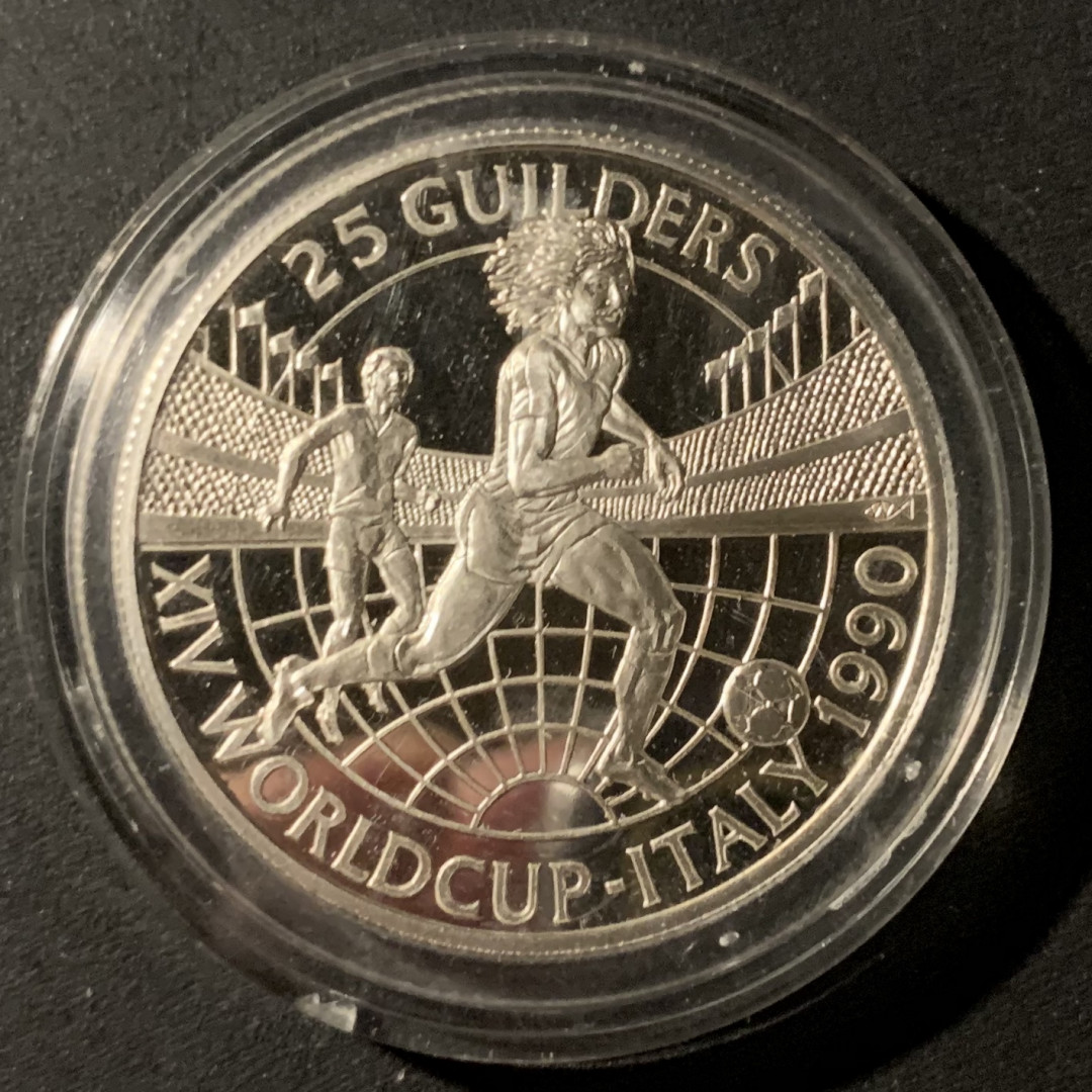 紫瑗钱币—微拍第37期  苏里南 1990年 意大利世界杯 25盾 28.28克 0.925银 精制