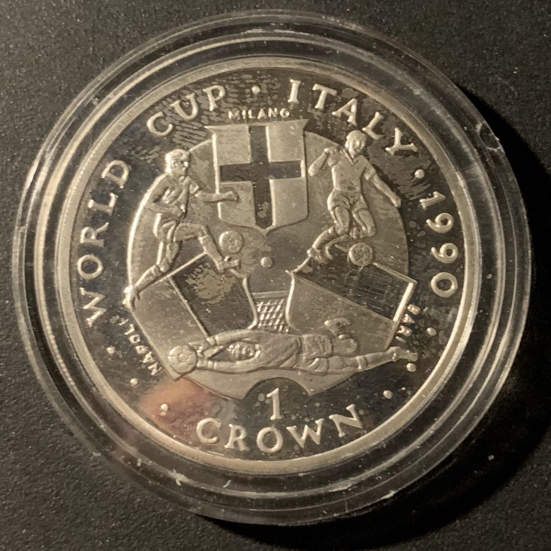 紫瑗钱币—微拍第37期  马恩岛 1990年 意大利世界杯 英格兰 1克朗 28.28克 0.925银 精制