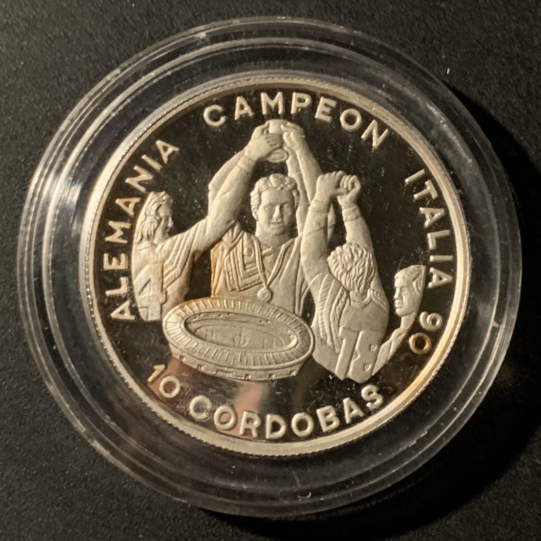 紫瑗钱币—微拍第37期  尼加拉瓜 1991年 意大利世界杯 10科多巴 27克 0.925银 精制