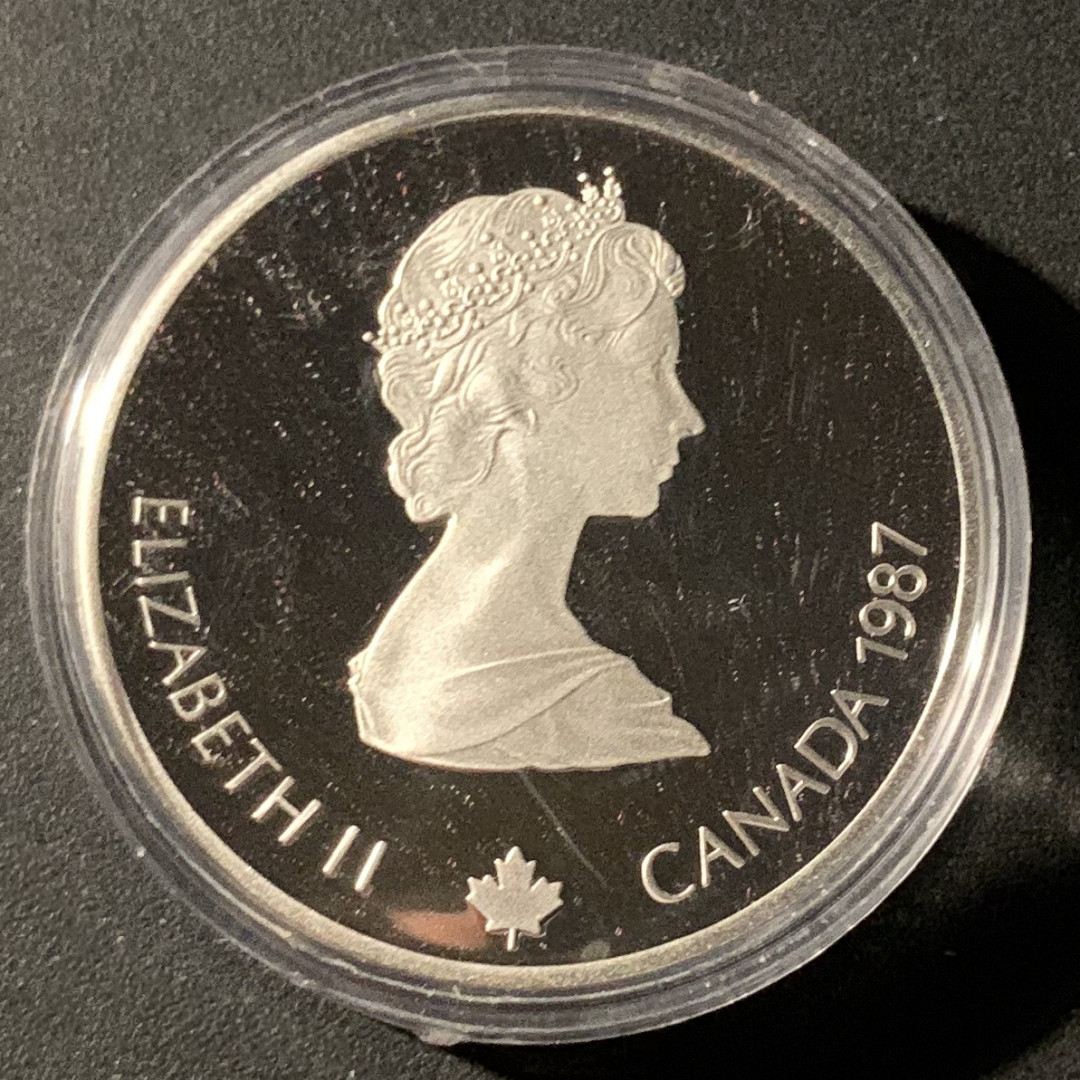 紫瑗钱币—微拍第37期  加拿大 1987年 卡尔加里冬奥会 跳台滑雪 20元  34.1克 0.925银 精制