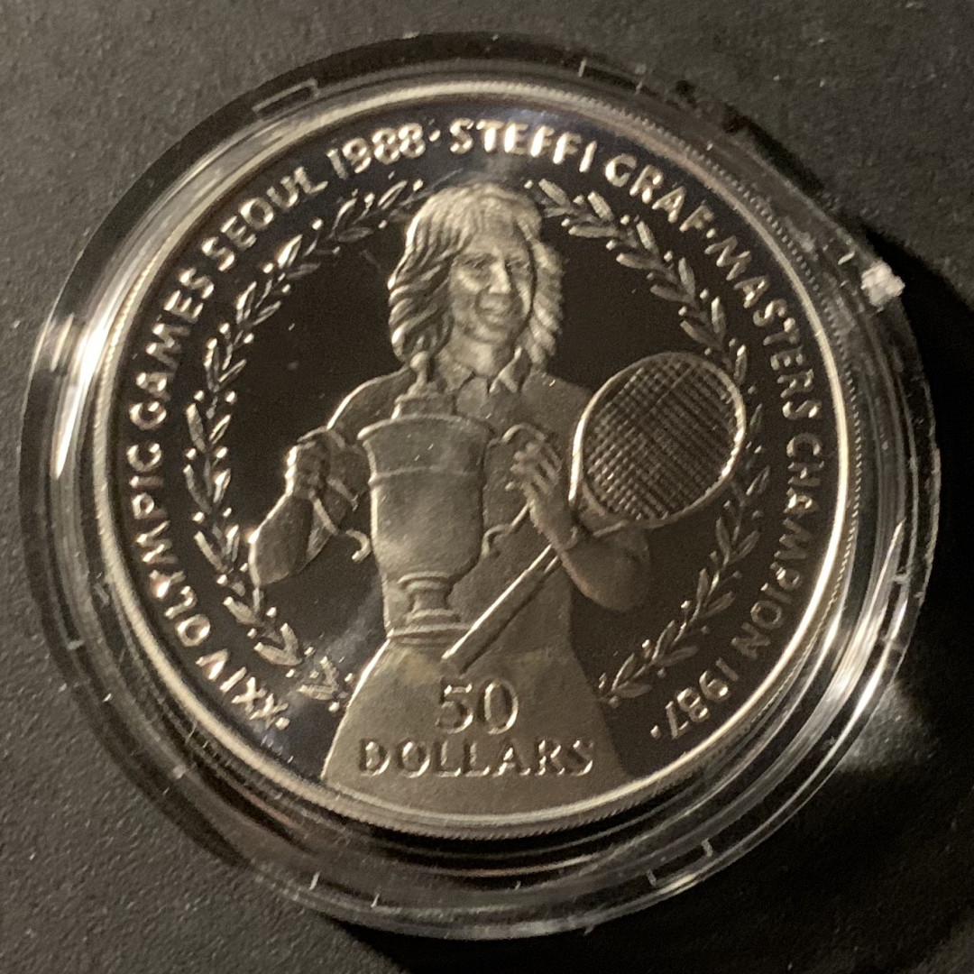 紫瑗钱币—微拍第37期  纽埃 1988年 首尔奥运会 施特菲·格拉芙 50元 27.1克 0.625银 精制